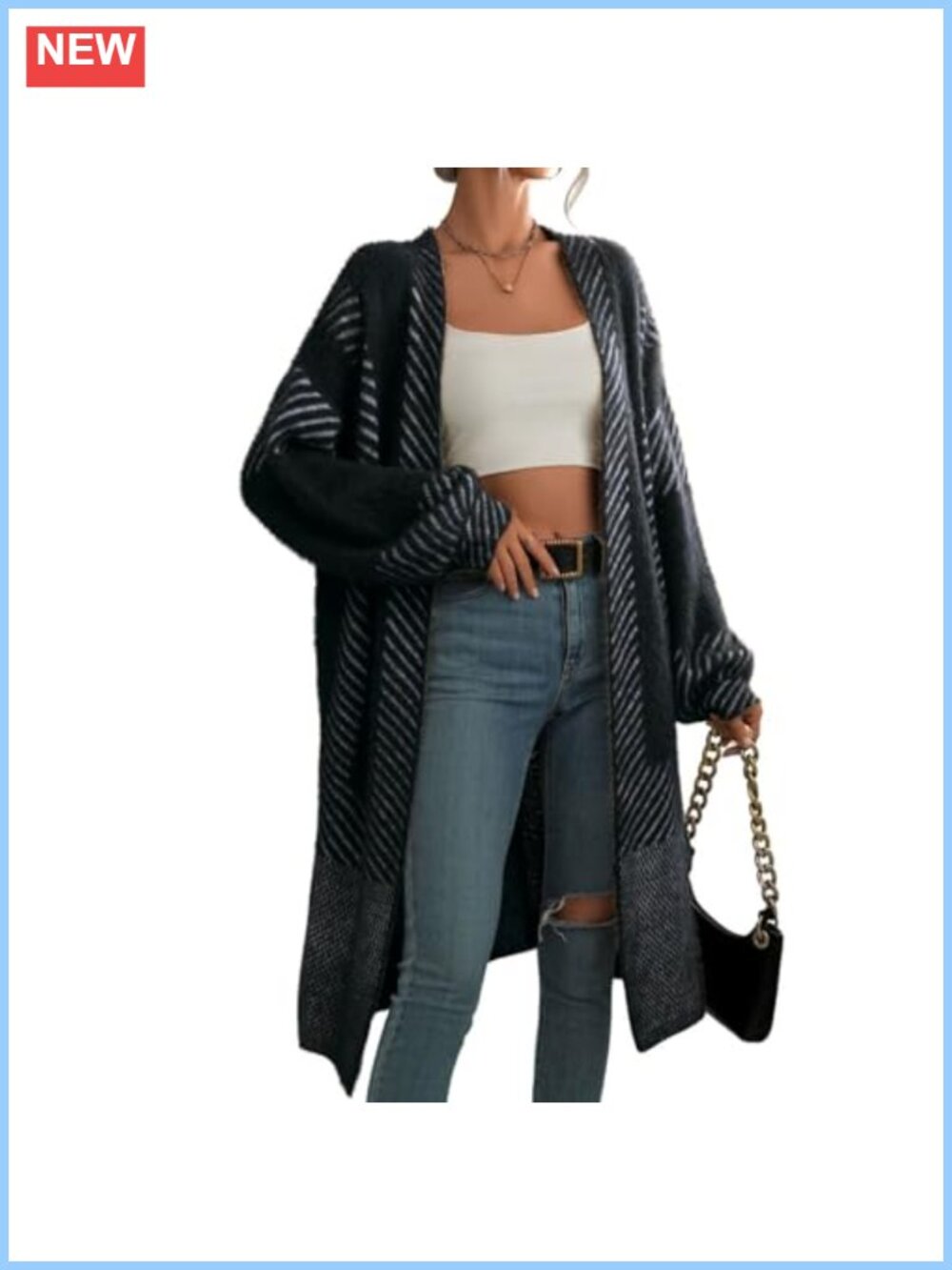 Fuzzy Knit Long Cardigan Sweater Open Front Striped Women's Coat